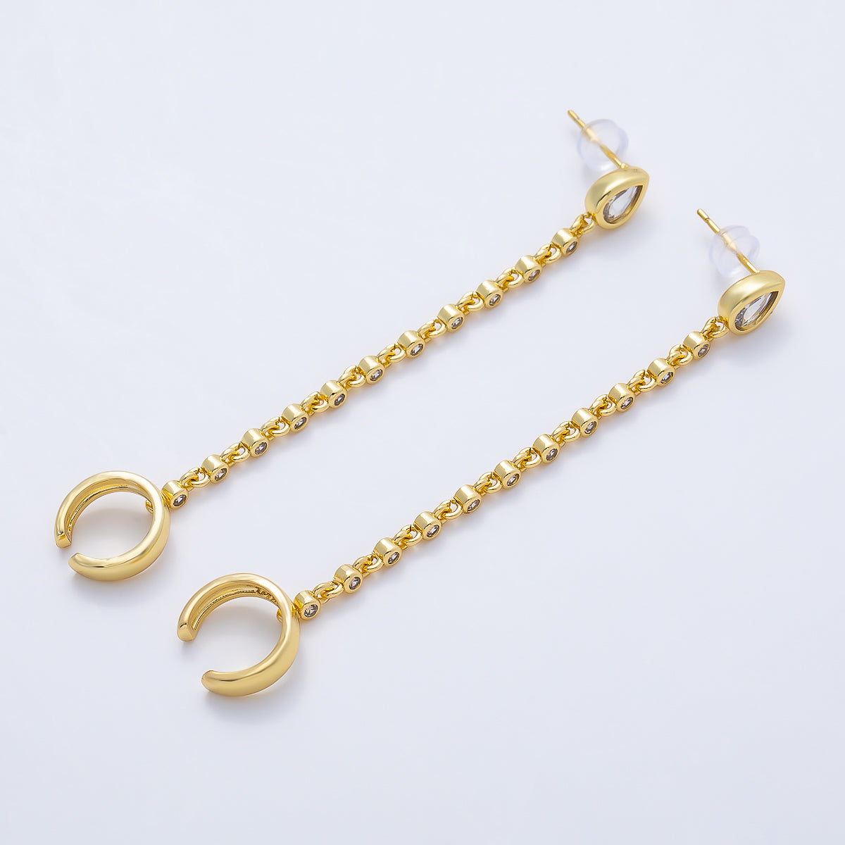 16K Gold Filled Clear CZ Teardrop Round Bezel Stud Chain Drop Ear Cuff | Earrings-00682