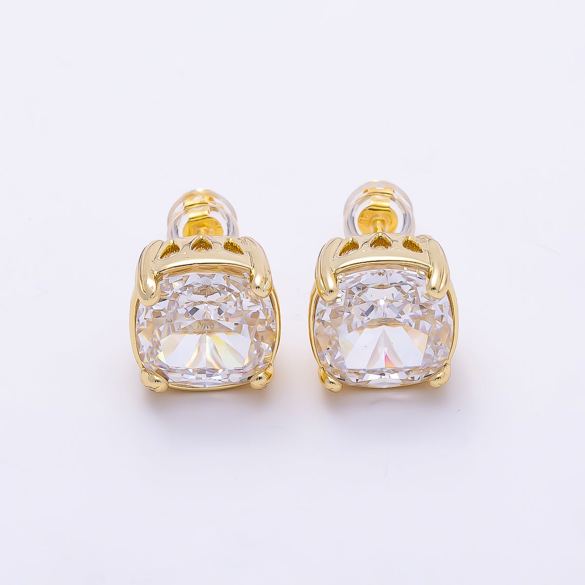 16K Gold Filled 11mm Clear CZ Rounded Square Baguette Prong Stud | Earrings-00692