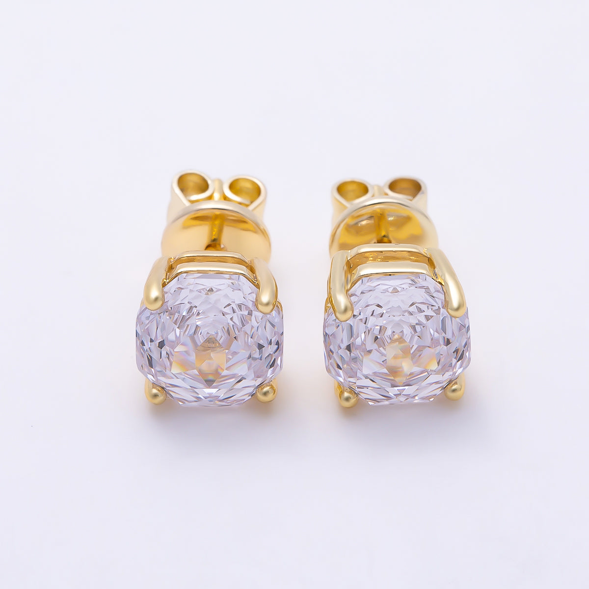 16K Gold Filled 8mm Clear, Purple, Pink CZ Prong Hexagon Round Stud Earrings | Earrings-00716 ~ Earrings-00719