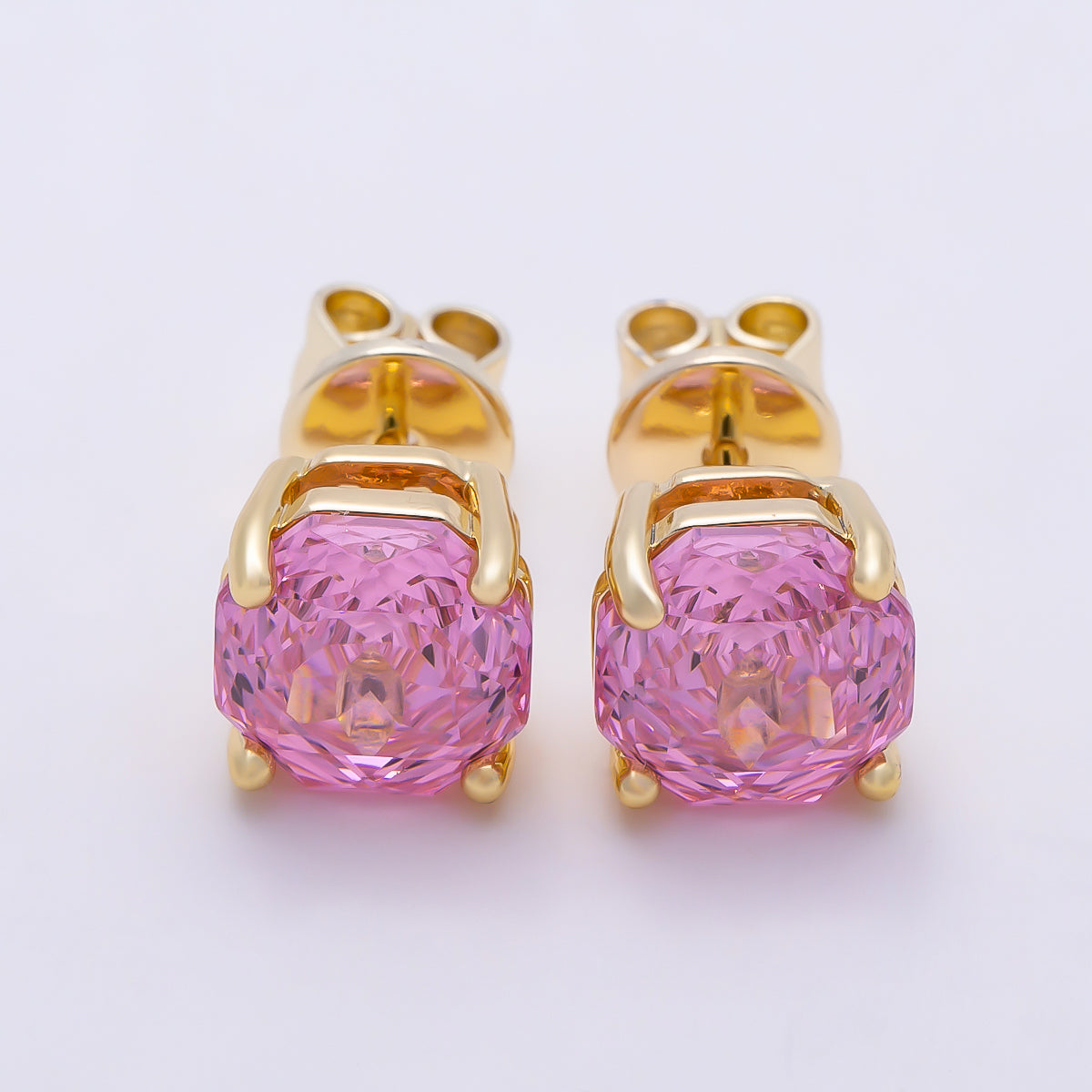16K Gold Filled 8mm Clear, Purple, Pink CZ Prong Hexagon Round Stud Earrings | Earrings-00716 ~ Earrings-00719