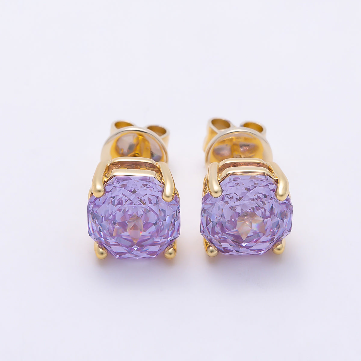 16K Gold Filled 8mm Clear, Purple, Pink CZ Prong Hexagon Round Stud Earrings | Earrings-00716 ~ Earrings-00719