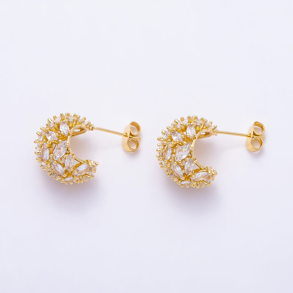 16K Gold Filled 16mm Clear CZ Marquise Cluster C-Shaped Dome Hoop | Earrings-00723