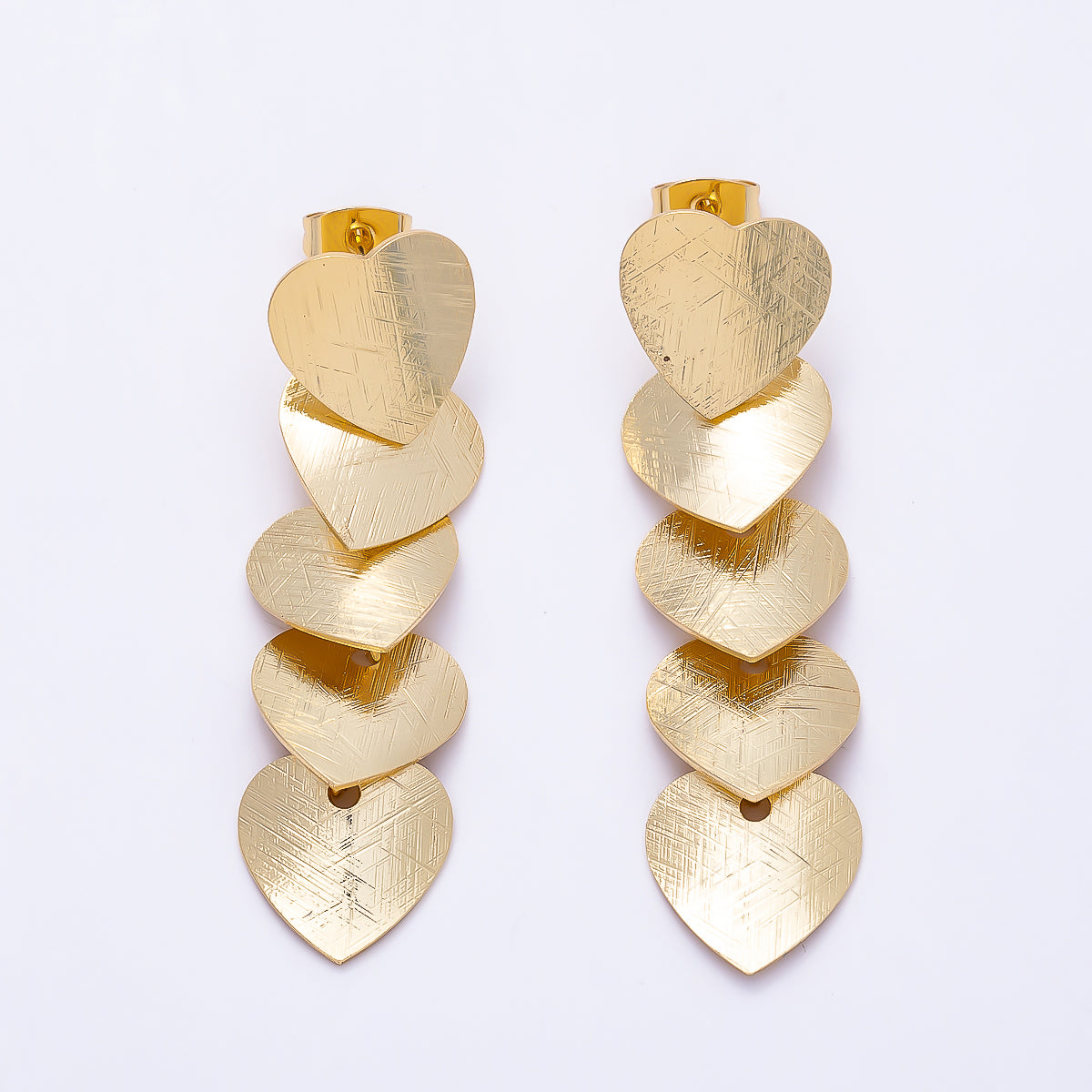 16K Gold Filled 50mm Multiple Line-Textured Heart Drop Stud Earrings | Earrings-00725
