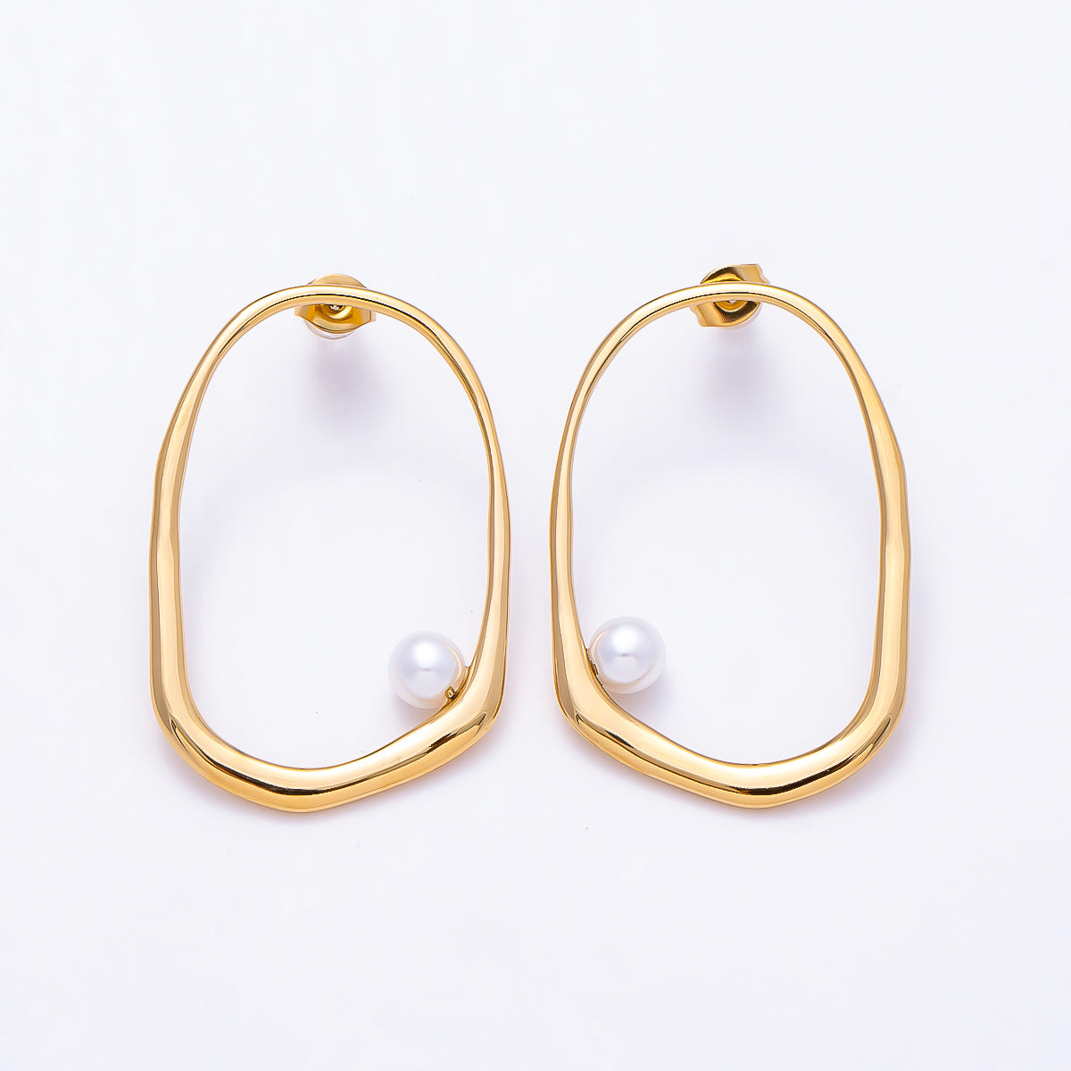 Stainless Steel PV 40mm Shell Pearl Edged Geometric Open Rectangle Stud | Earrings-00729