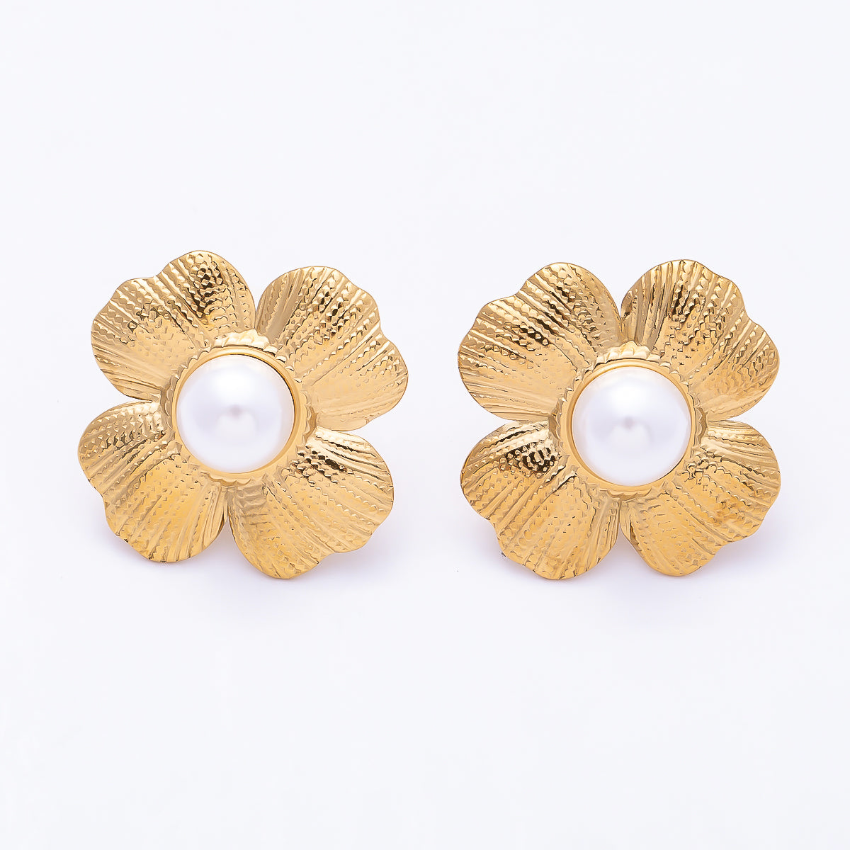 Stainless Steel Gold PVD 30mm Shell Pearl Dotted Textured Flower Stud | Earrings-00733