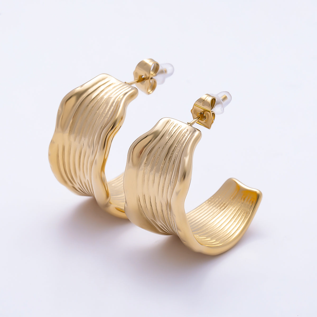 Stainless Steel 32mm Lined Molten Wave Wide C-Shaped Hoop | Earrings-00739