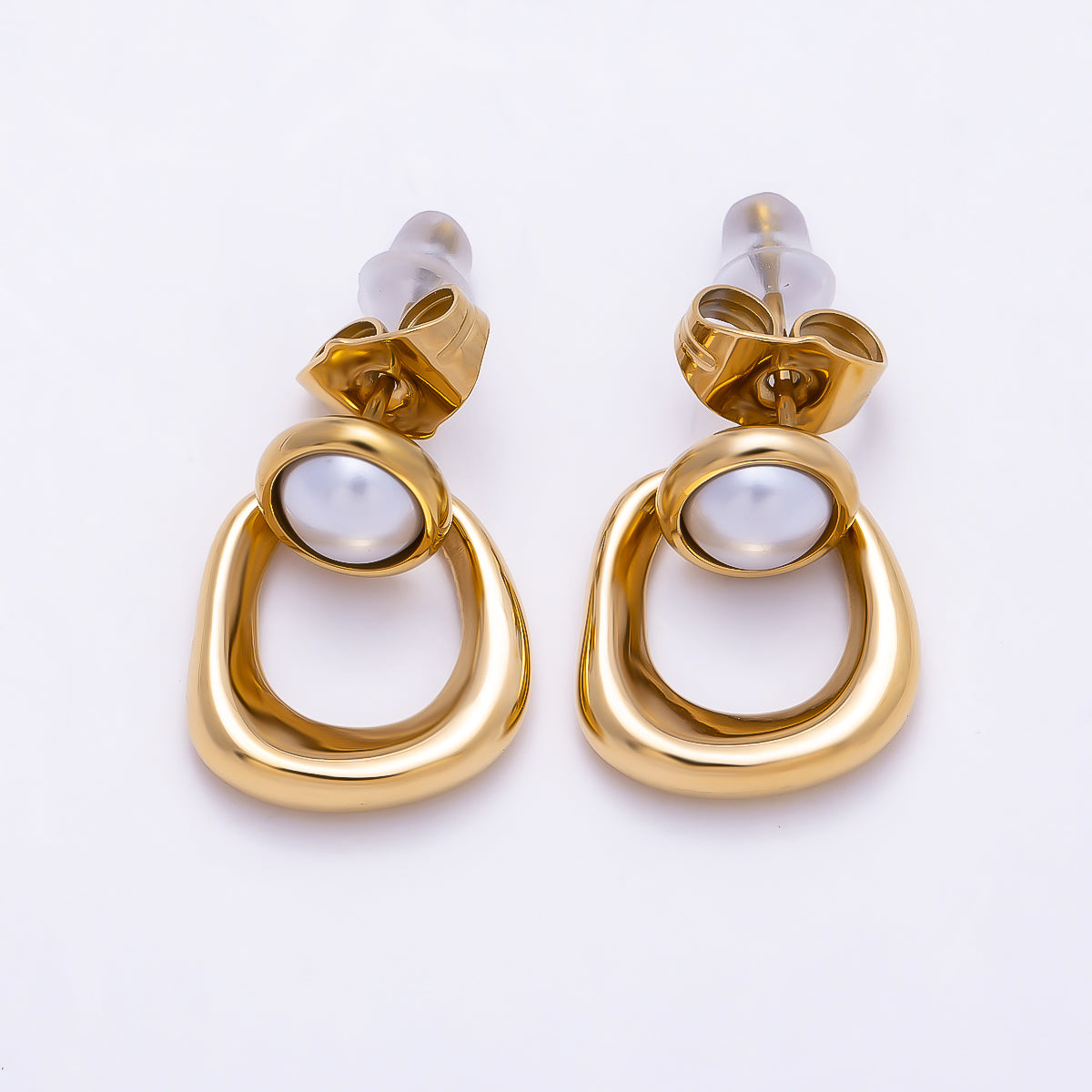 Stainless Steel PVD Gold 35mm Shell Pearl Bezel Geometric Link Drop Stud | Earrings-00752