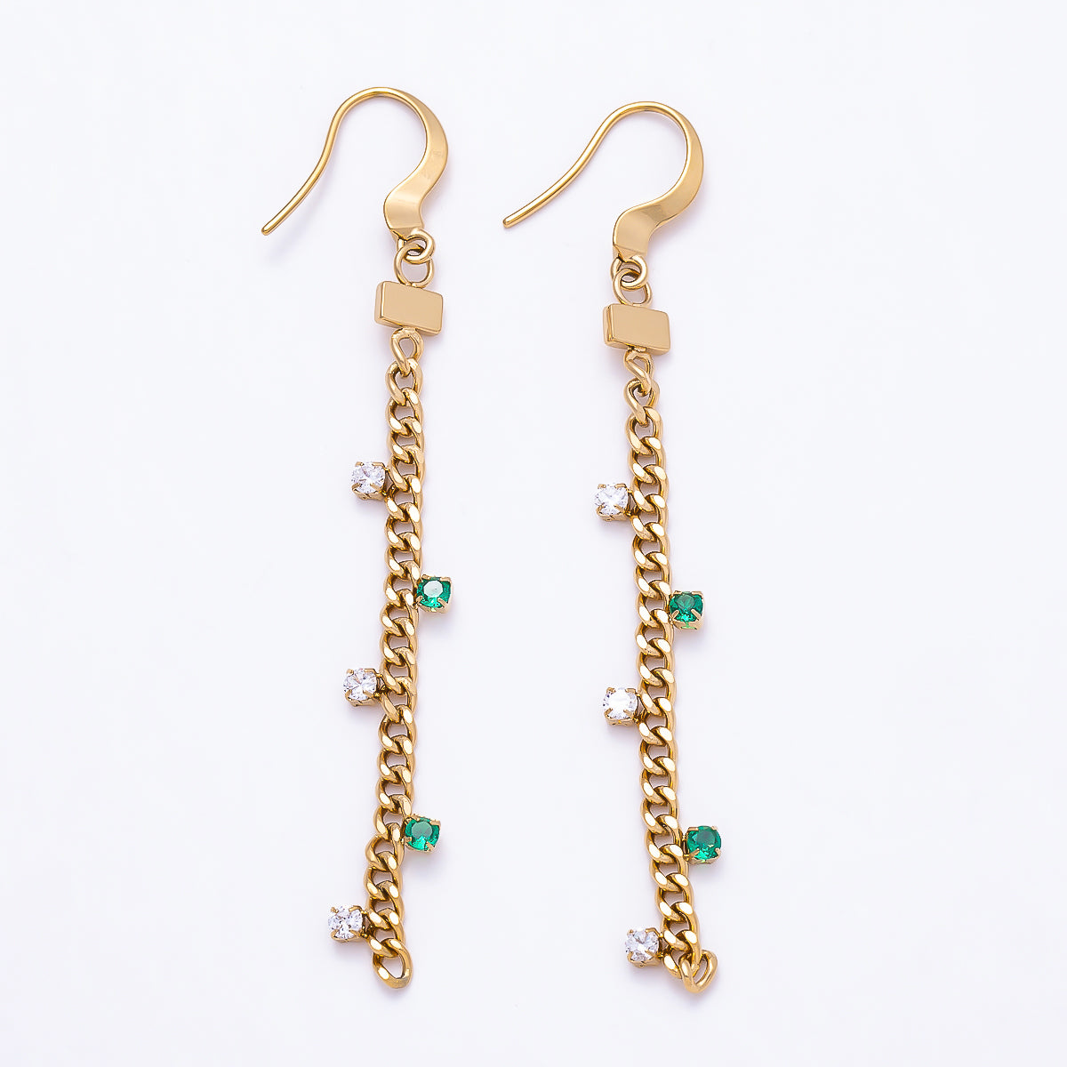 Stainless Steel 70mm Clear Green CZ Curb Chain Drop Fish Hook Earrings | Earrings-00755