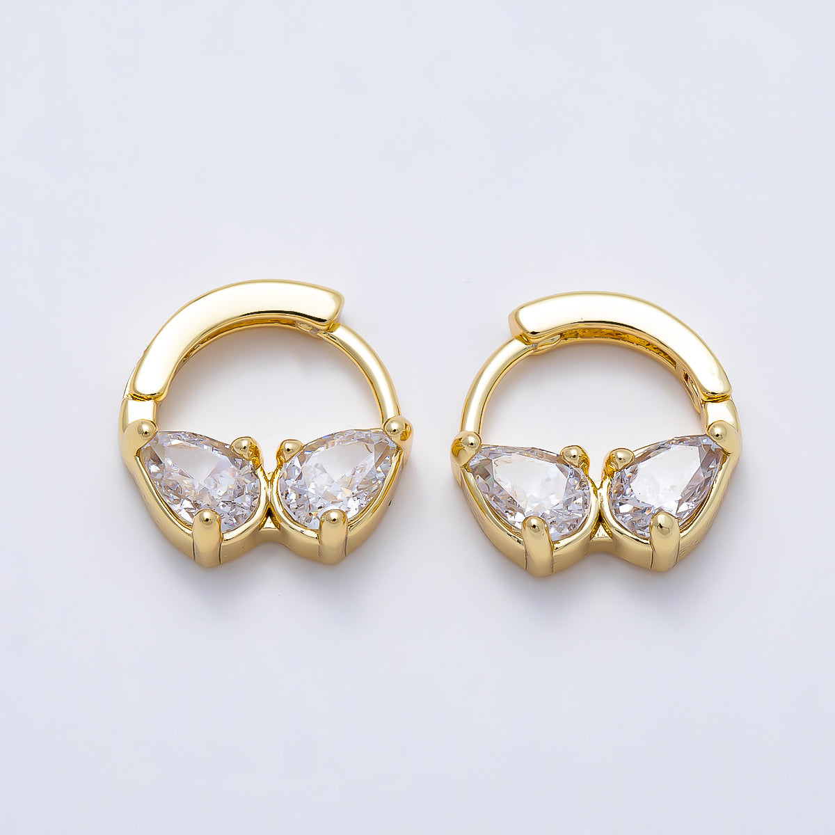 16K Gold Filled 13.5mm Double Clear CZ Teardrop Cartilage Huggie | Earrings-00756