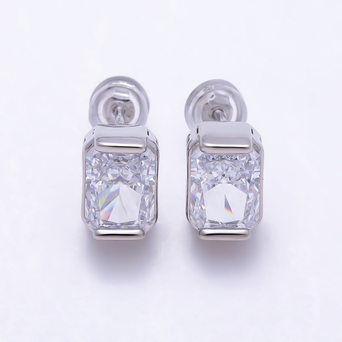 16K Gold Filled 9.5mm Clear CZ Baguette Lined Stud Earrings in Gold & Silver | Earrings-00757 Earrings-00758