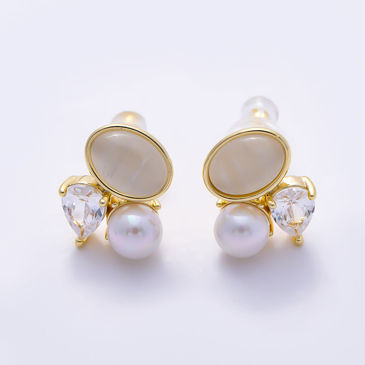 16K Gold Filled 12mm Clear Teardrop CZ Pearl Gemstone Cluster Stud in Gold & Silver | Earrings-00763 Earrings-00764