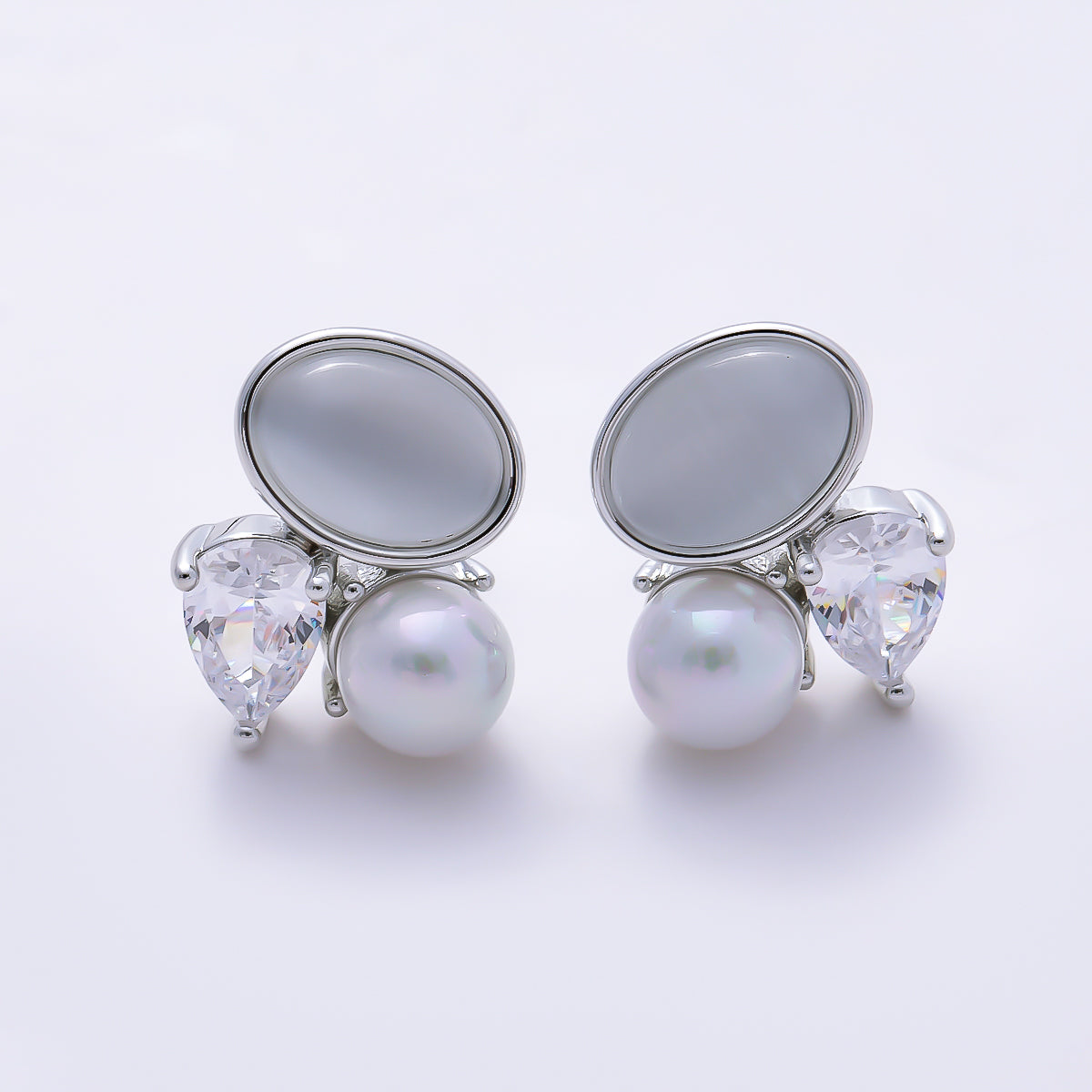 16K Gold Filled 12mm Clear Teardrop CZ Pearl Gemstone Cluster Stud in Gold & Silver | Earrings-00763 Earrings-00764