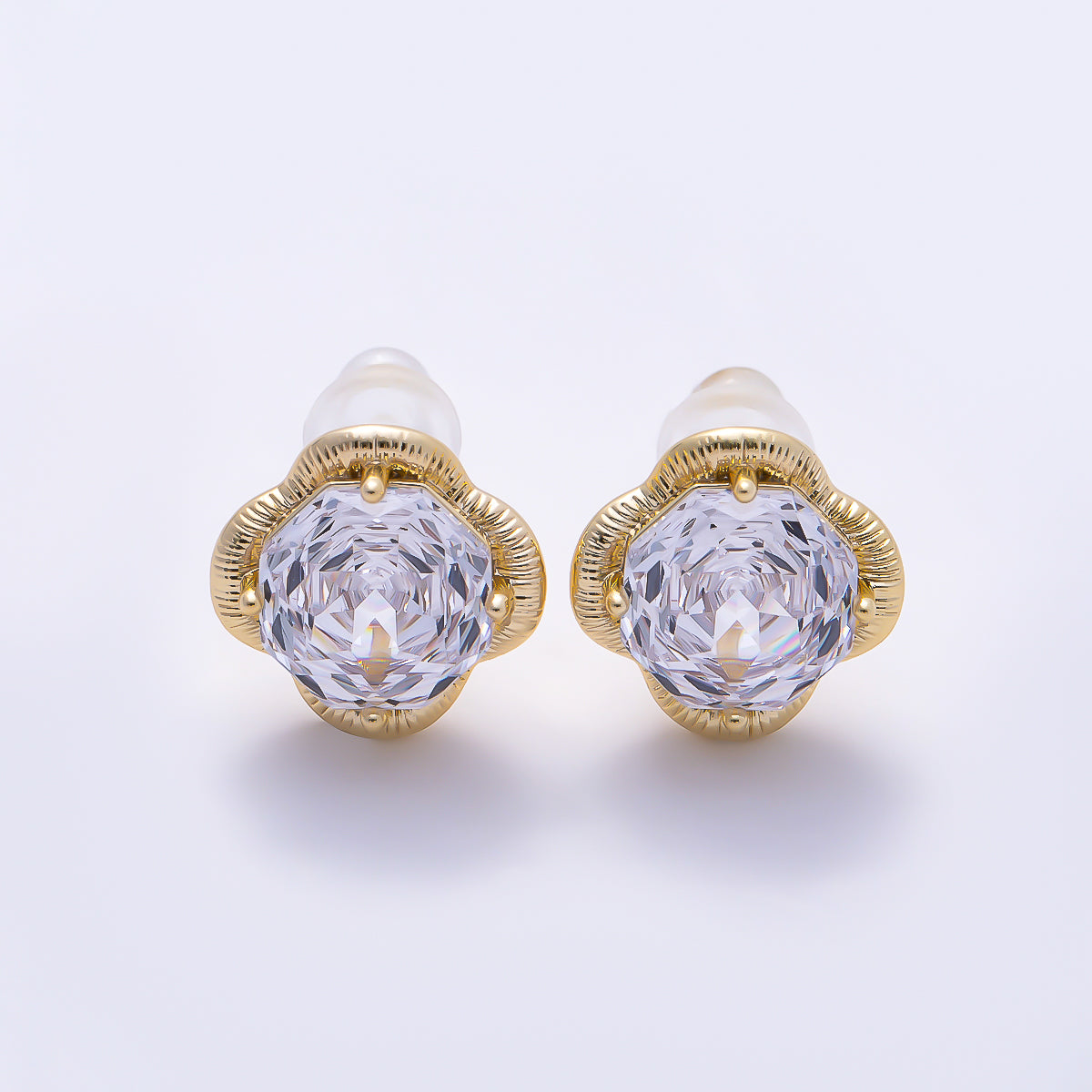 16K Gold Filled 11.5mm Clear CZ Hexagon Ribbed Flower Stud in Gold & Silver | Earrings-00767 Earrings-00768