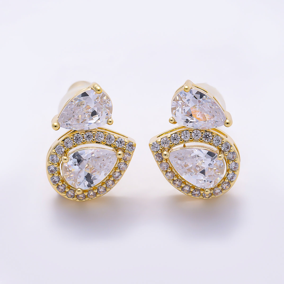 16K Gold Filled 10mm Clear Teardrop Micro Paved CZ Bezel Stud in Gold & Silver | Earrings-00773 Earrings-00774