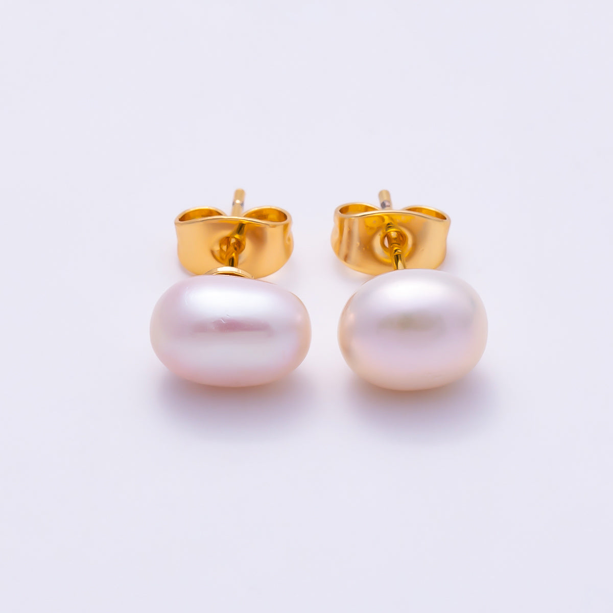18K Gold Filled 9mm Pink Oval Button Freshwater Pearl Stud Earrings | Earrings-00785