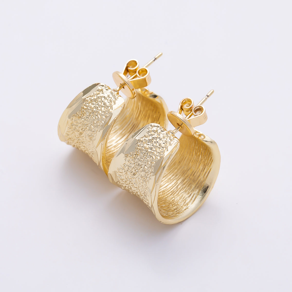 16K Gold Filled 25mm Lined Textured Wide C-Shaped Hoop Earrings | Earrings-00796