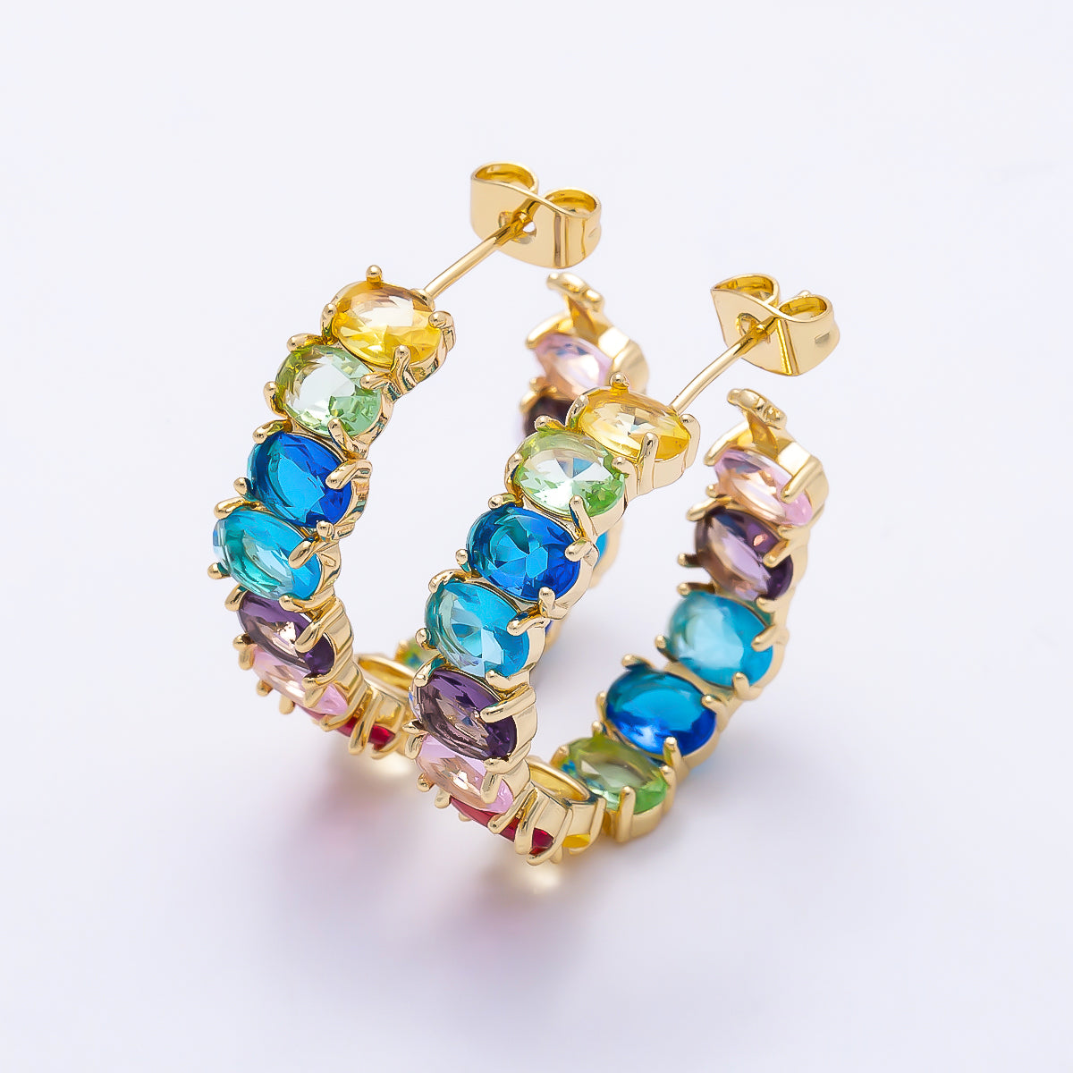 16K Gold Filled 27mm Rainbow Multicolor Oval CZ C-Shaped Hoop | Earrings-00802