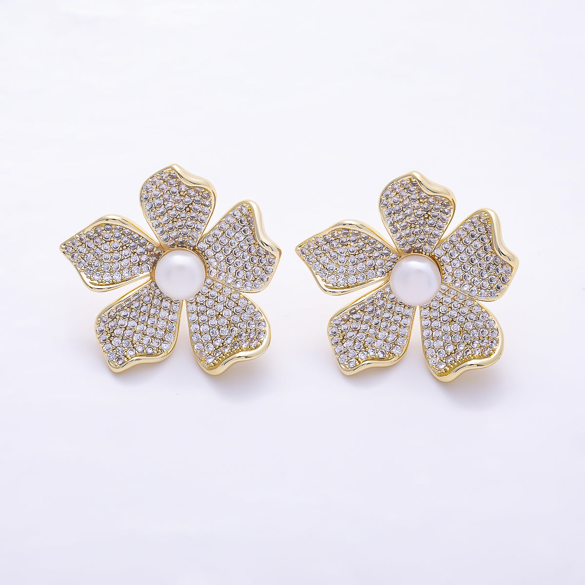 16K Gold Filled 32mm Shell Pearl Micro Paved CZ 5-Petal Flower Stud Earrings | Earrings-00806