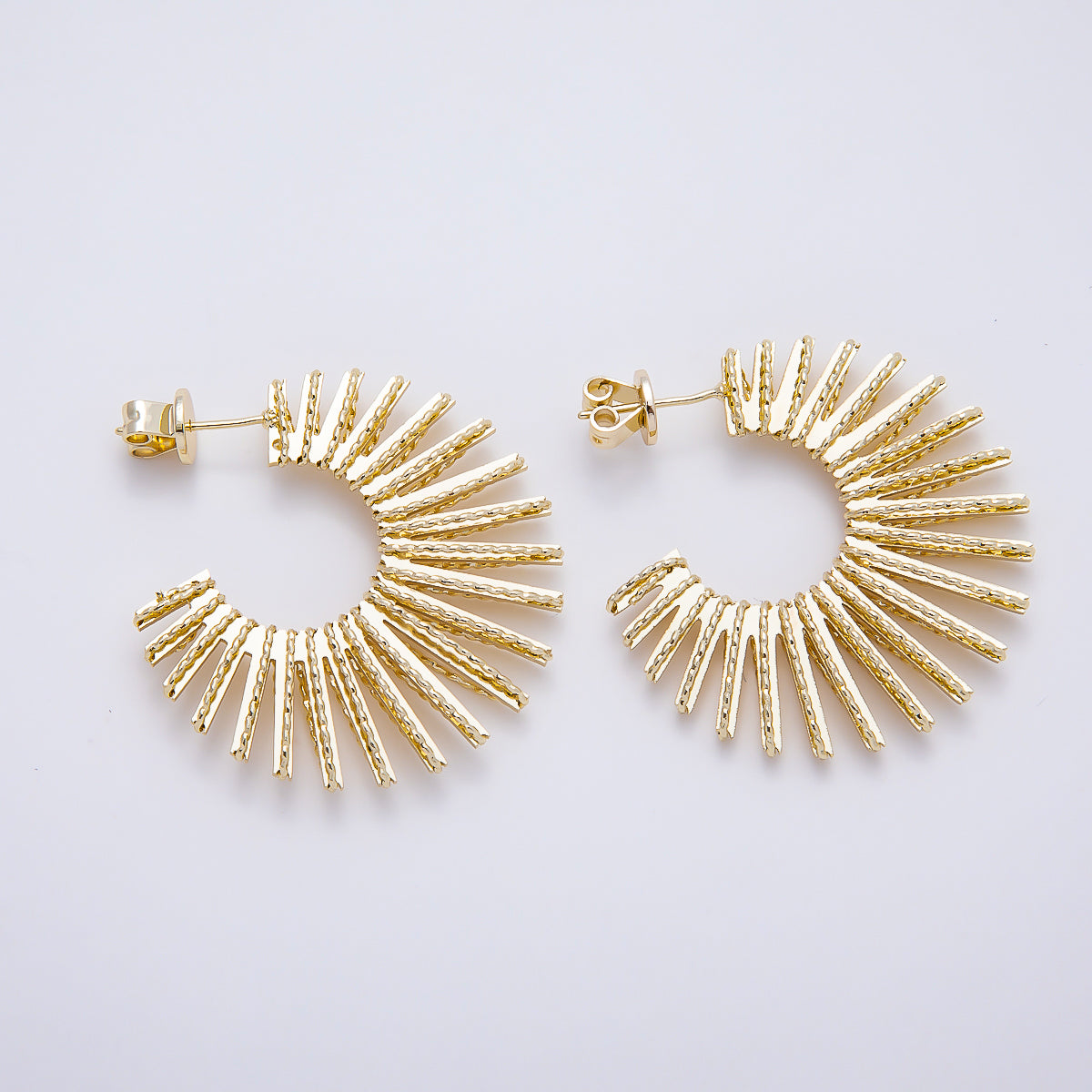 16K Gold Filled 34mm Sunburst Textured Open C- Hoop Earrings in Gold & Silver | Earrings-00809 - Earrings-00810