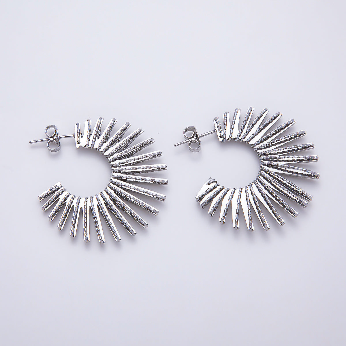 16K Gold Filled 34mm Sunburst Textured Open C- Hoop Earrings in Gold & Silver | Earrings-00809 - Earrings-00810