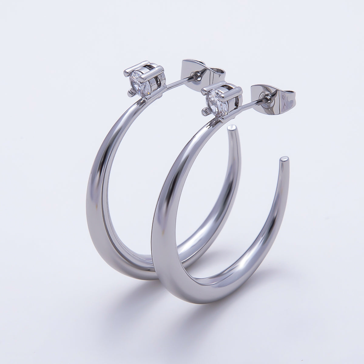16K Gold Filled 33mm Solitaire CZ Open C- Hoop Earrings in Gold & Silver | Earrings-00811 - Earrings-00812