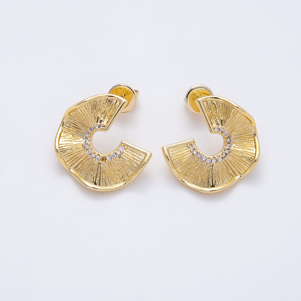 16K Gold Filled 20mm Clear CZ Radiant Sunburst Textured Fan Stud Earrings| Earrings-00813