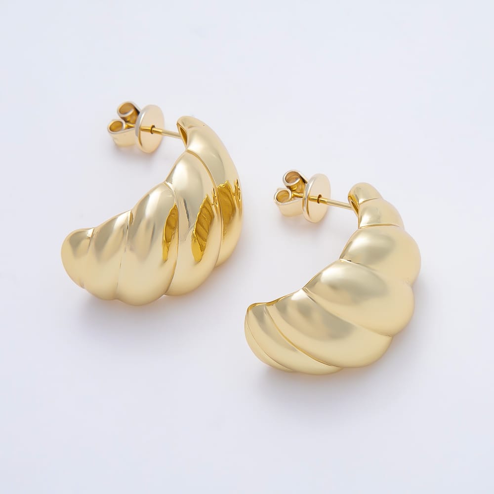16K Gold Filled 25mm Simple Plain Chunky Croissant Ribbed Half-Hoop Earrings| Earrings-00814