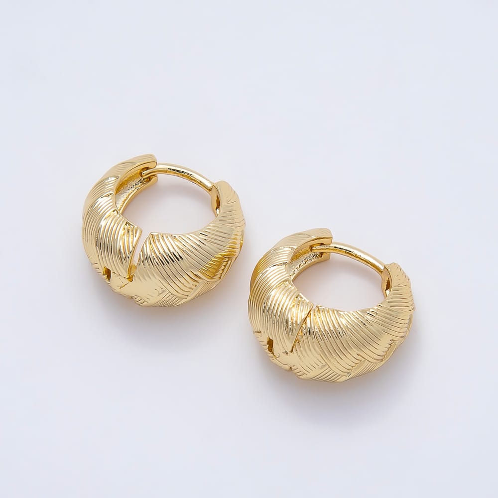 16K Gold Filled 16mm Chunky Woven Basketweave Textured Huggie Hoop Earrings| Earrings-00822