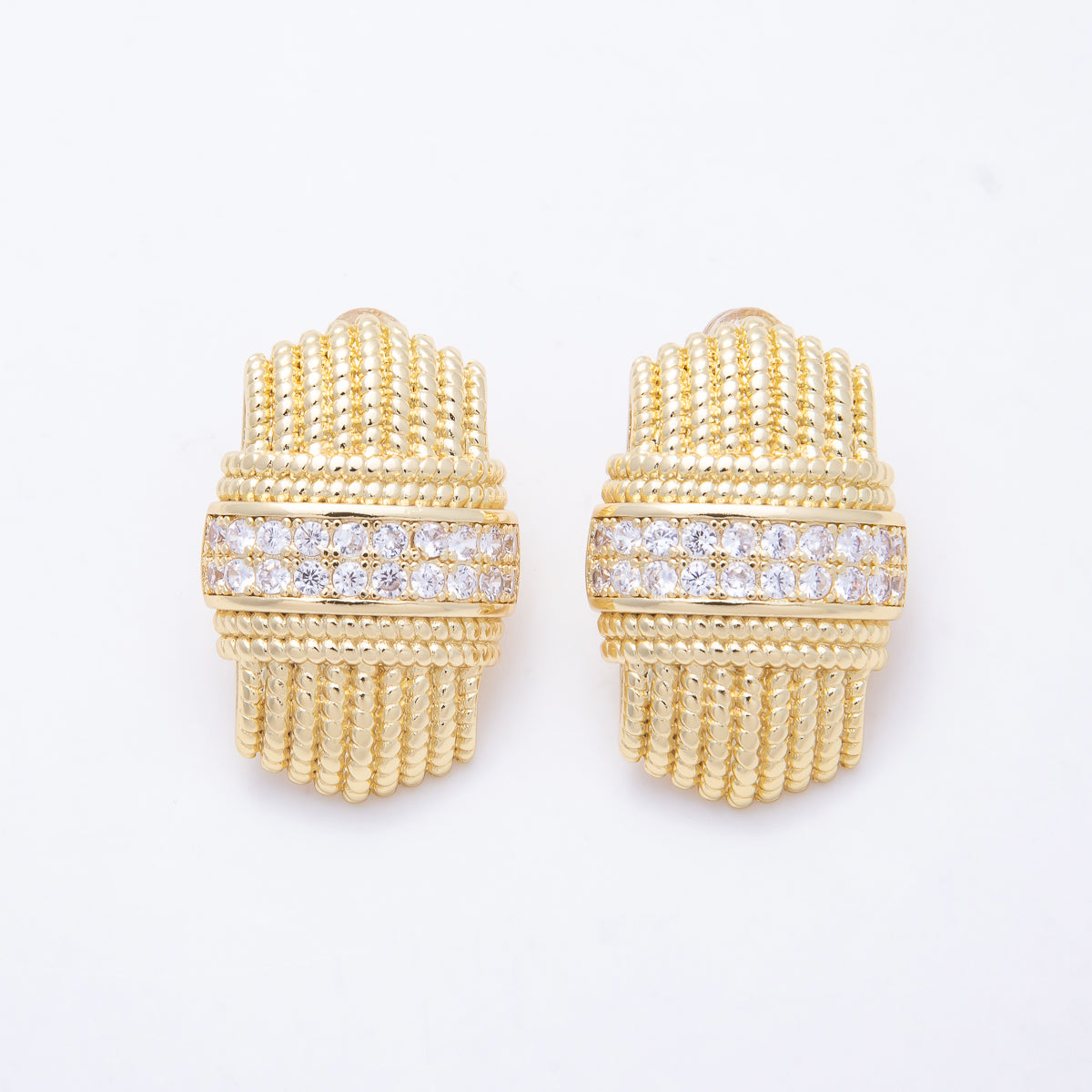 16K Gold Filled 28mm Ribbed Beaded Textured Statement Stud Earrings | Earrings-00825