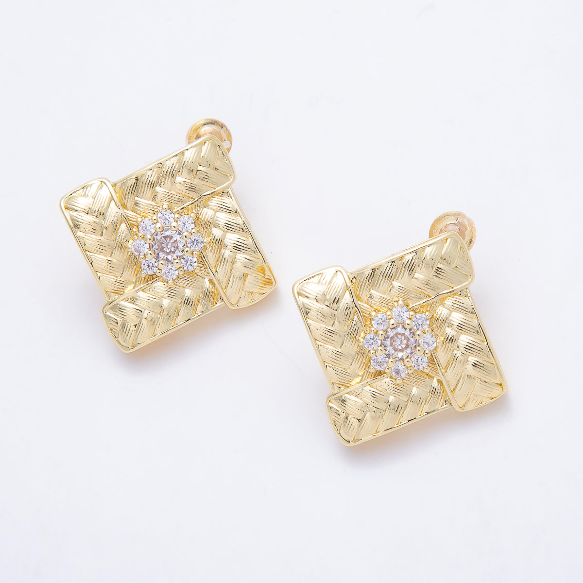16K Gold Filled 27mm Flower Cluster CZ Textured Woven Rhombus Stud Earrings | Earrings-00826