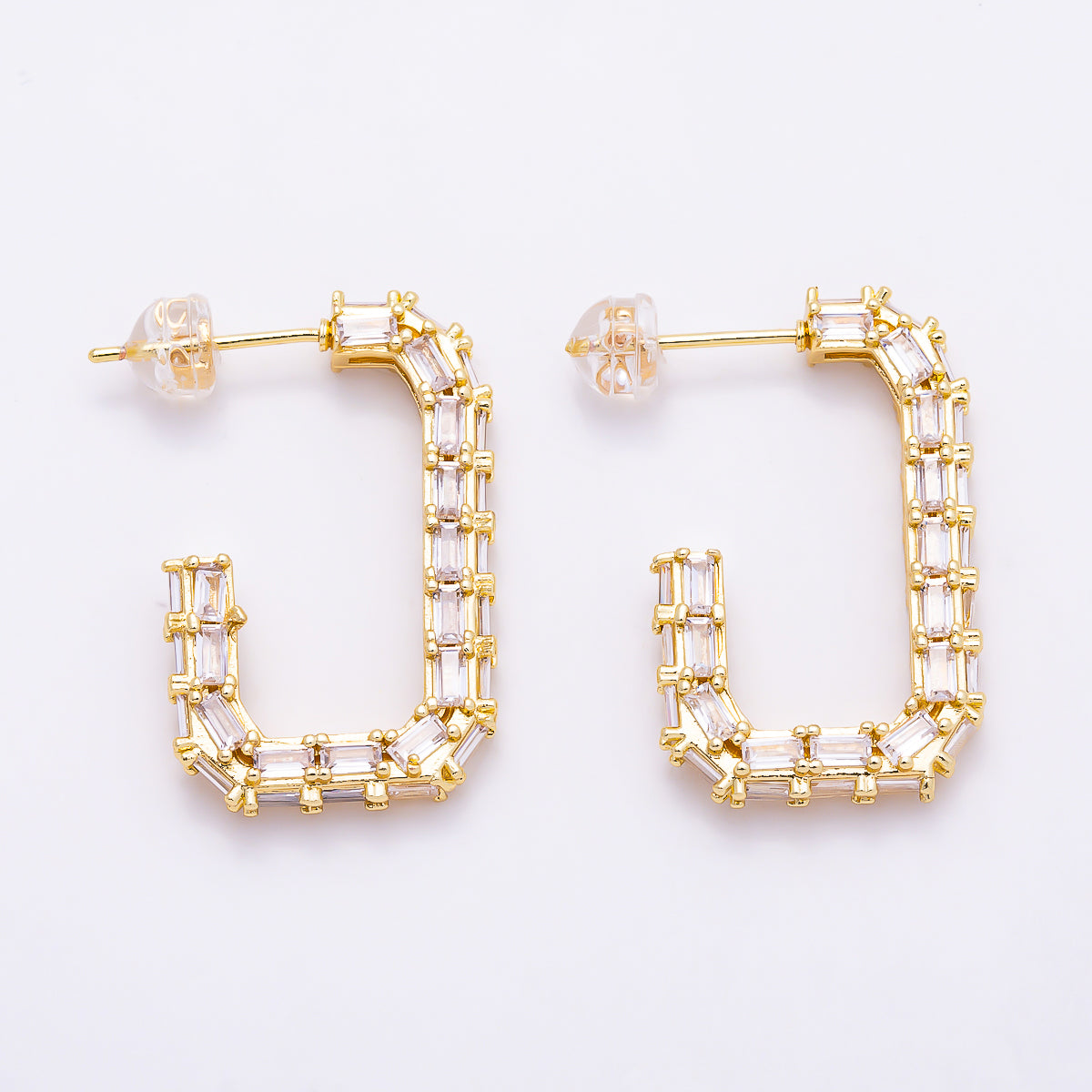 16K Gold Filled 27mm Baguette CZ Rectangular Open Hoop Earrings | Earrings-00832 - Earrings-00833