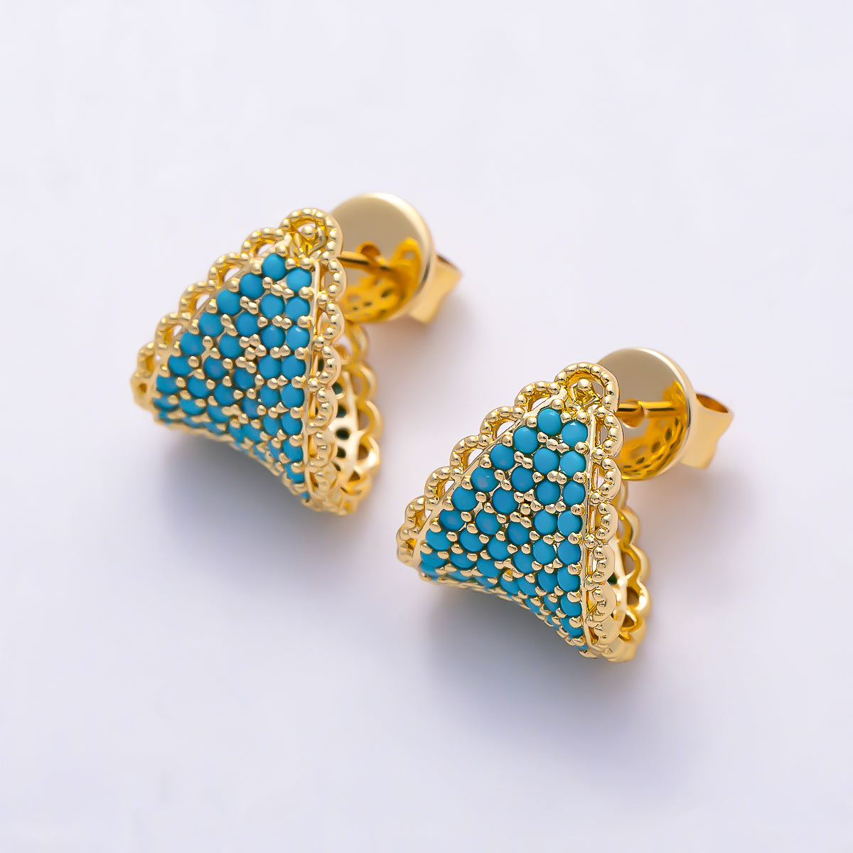 16K Gold Filled 15mm Turquoise Micro Paved CZ Lace Curved Triangle Stud Earrings | Earrings-00835