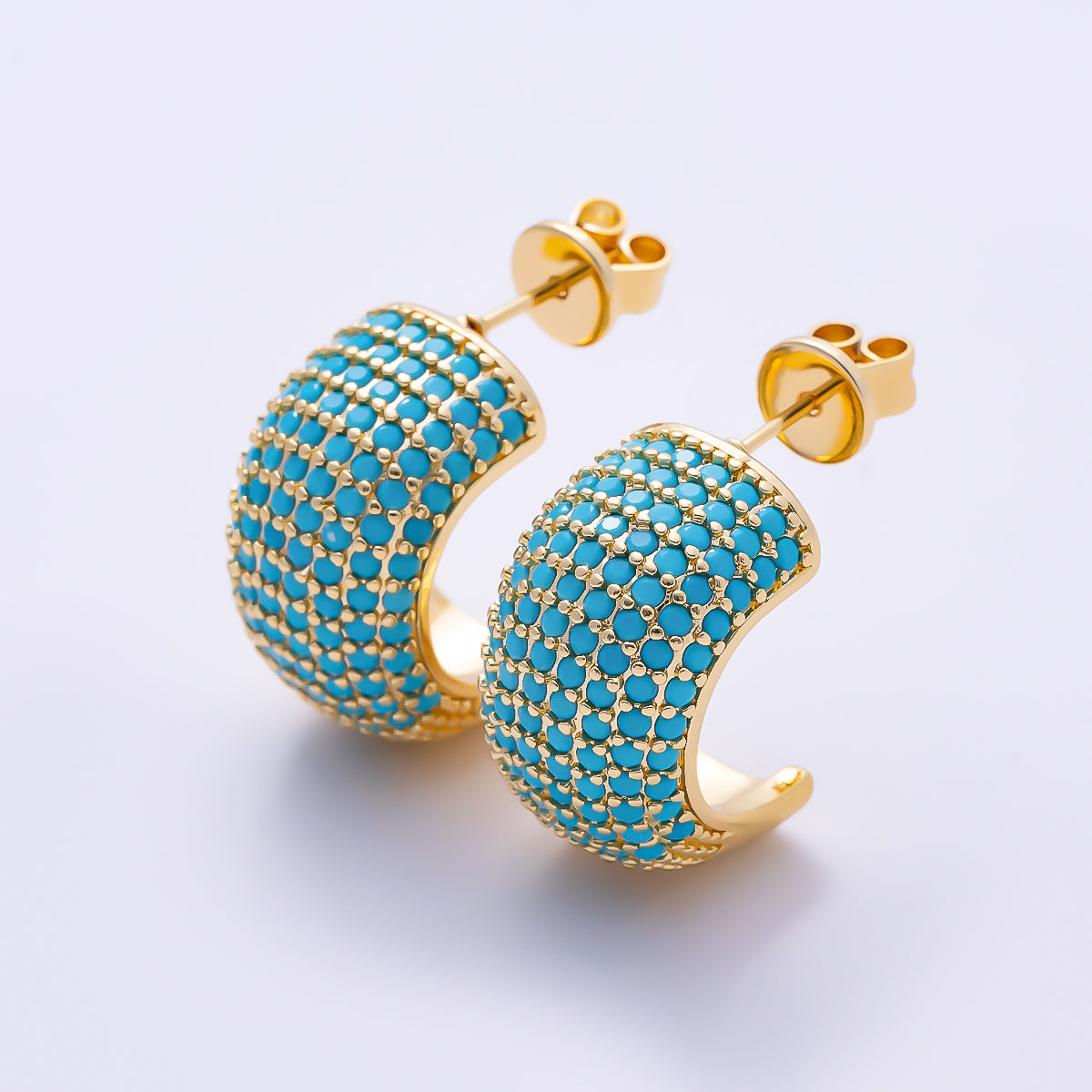 16K Gold Filled 23mm Turquoise Micro Paved CZ C-Hoops Earrings | Earrings-00836