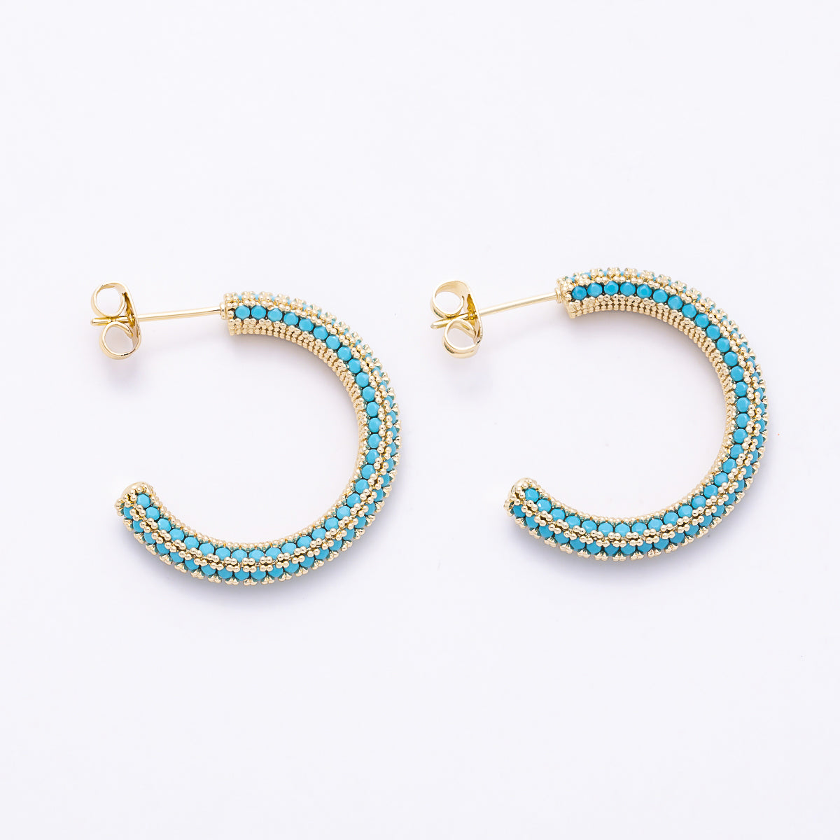 16K Gold Filled 27mm Turquoise Micro Paved CZ Open C-Hoops Earrings | Earrings-00837