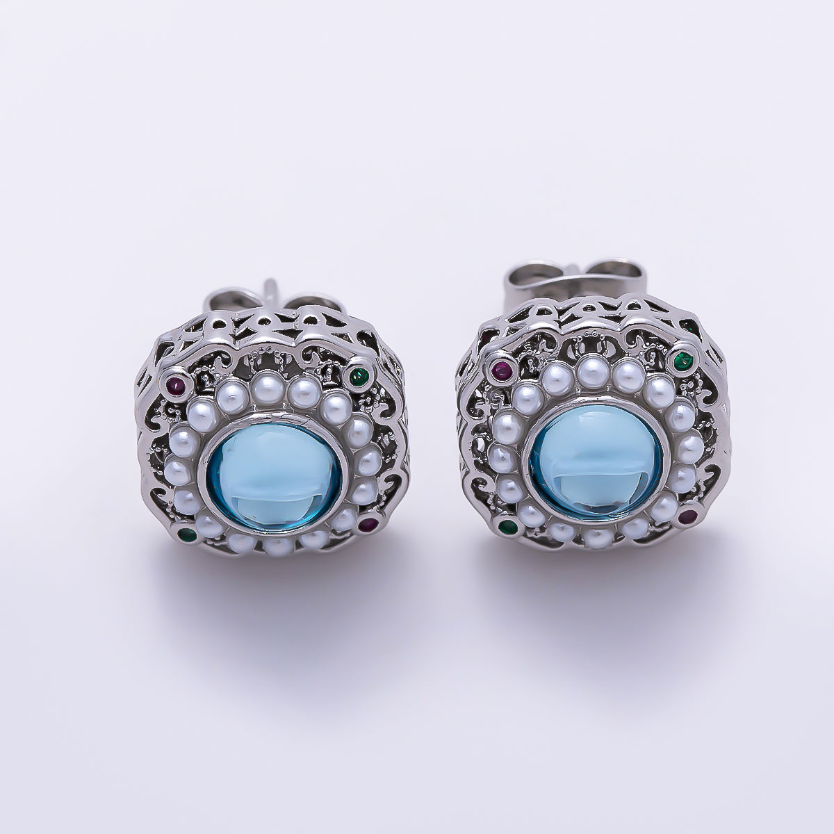 16K Gold Filled 18mm Vintage Filigree Shell Pearl Light Blue Cabochon Stud Earrings | Earrings-00838 - Earrings-00839