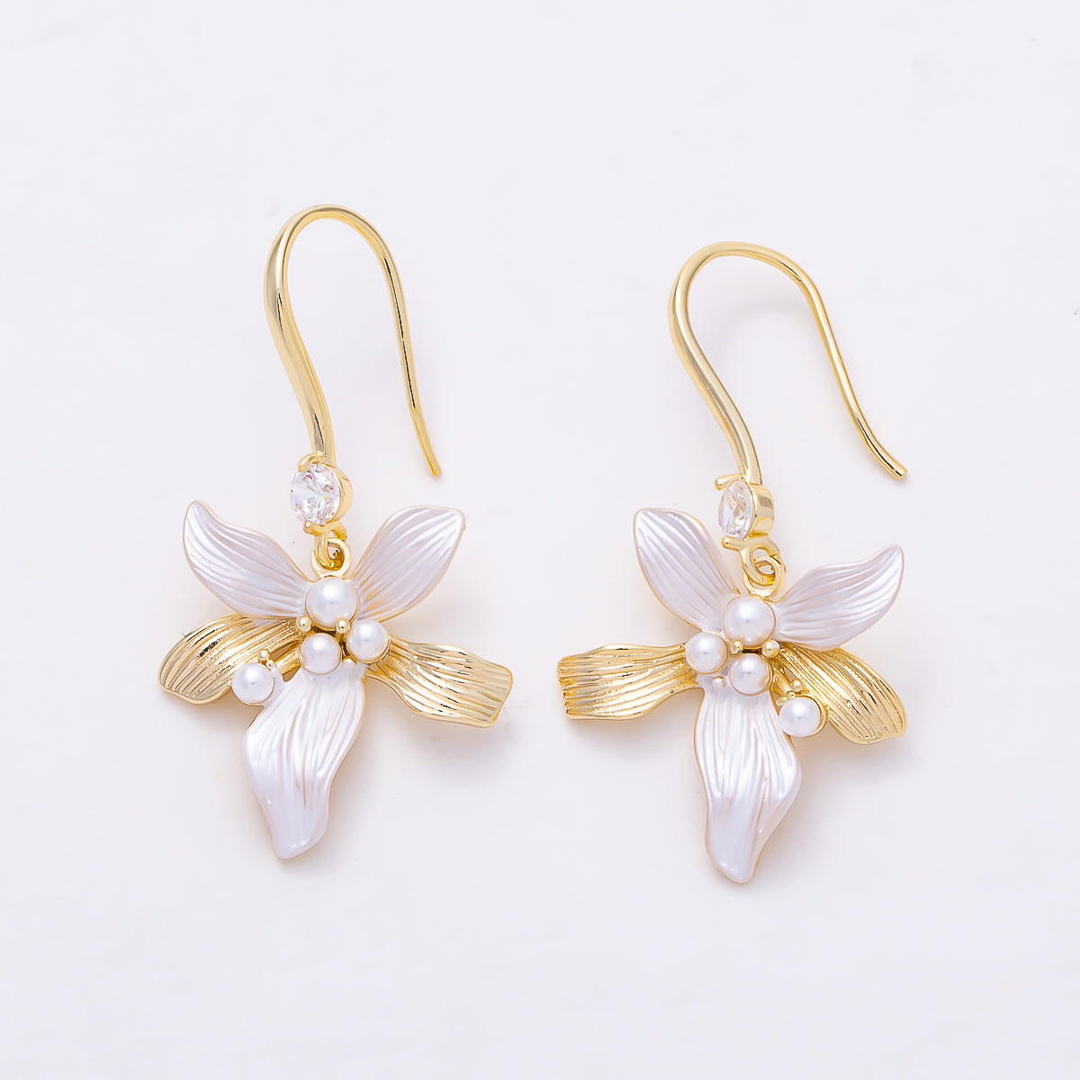 16K Gold Filled 31mm Shell Pearl Clear CZ White Enamel Flower Drop Earrings in Gold & Silver | Earrings-00843 - Earrings-00844