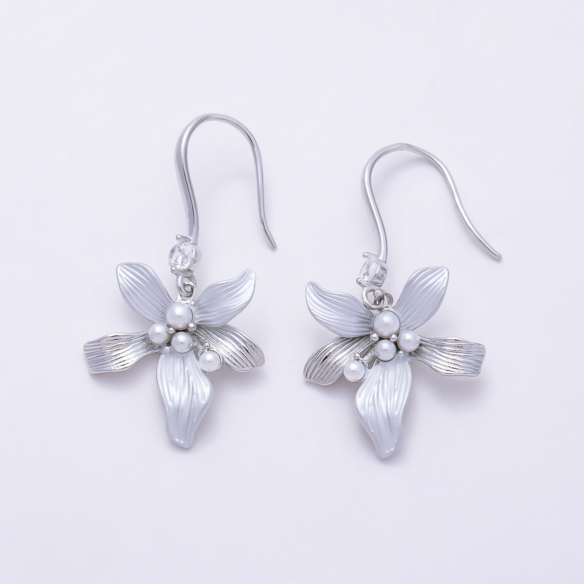 16K Gold Filled 31mm Shell Pearl Clear CZ White Enamel Flower Drop Earrings in Gold & Silver | Earrings-00843 - Earrings-00844