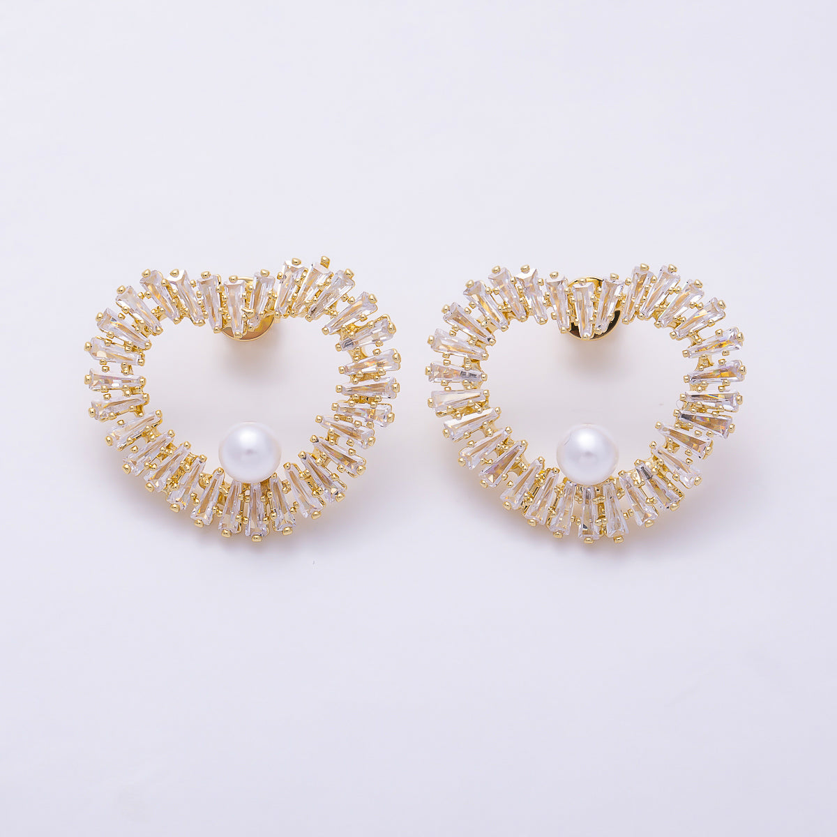 16K Gold Filled 26mm Shell Pearl Baguette CZ Open Heart Stud Earrings in Gold & Silver | Earrings-00845 - Earrings-00846