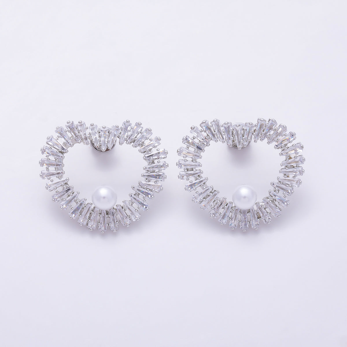 16K Gold Filled 26mm Shell Pearl Baguette CZ Open Heart Stud Earrings in Gold & Silver | Earrings-00845 - Earrings-00846