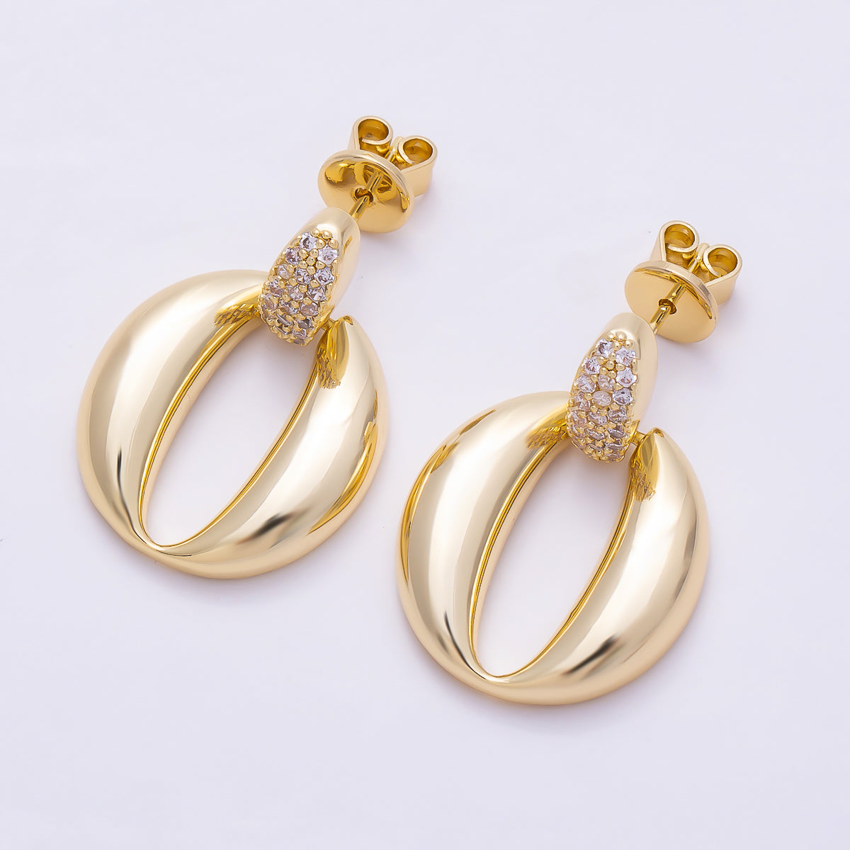 16K Gold Filled 26mm Micro Paved CZ Chunky Oval Dangle Drop Stud Earrings in Gold & Silver | Earrings-00847 - Earrings-00848