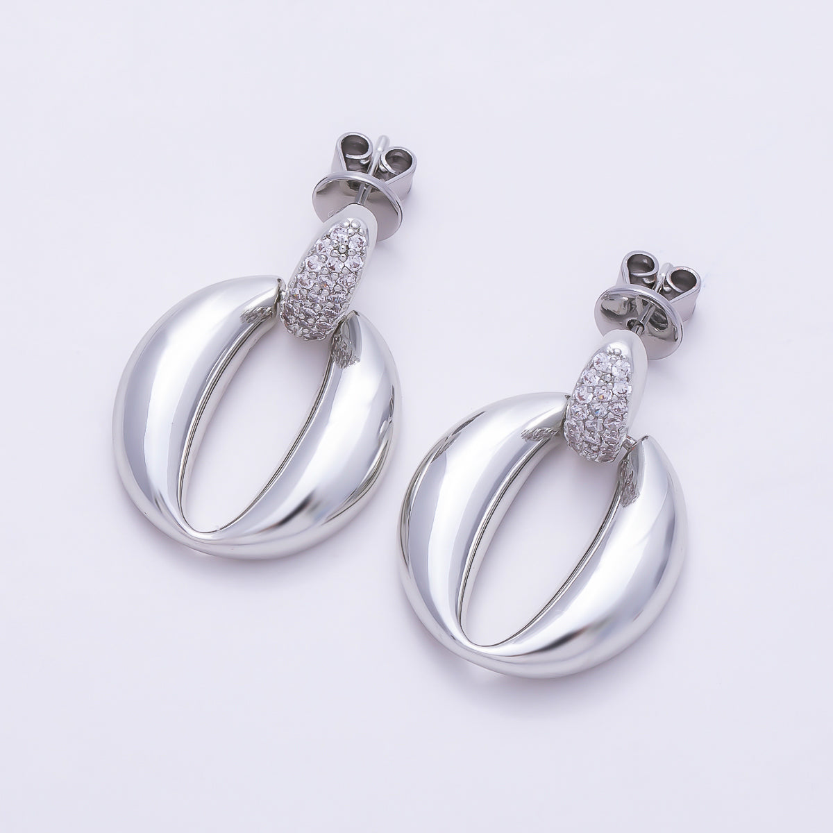 16K Gold Filled 26mm Micro Paved CZ Chunky Oval Dangle Drop Stud Earrings in Gold & Silver | Earrings-00847 - Earrings-00848