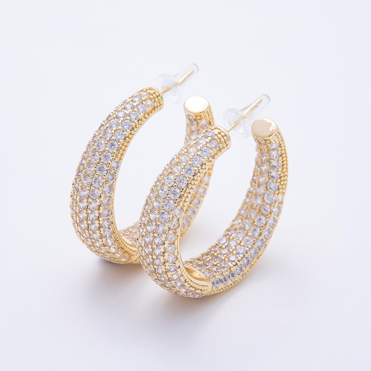 16K Gold Filled 33mm Micro Paved CZ Chunky Open Hoop Earrings in Gold & Silver | Earrings-00849 - Earrings-00850