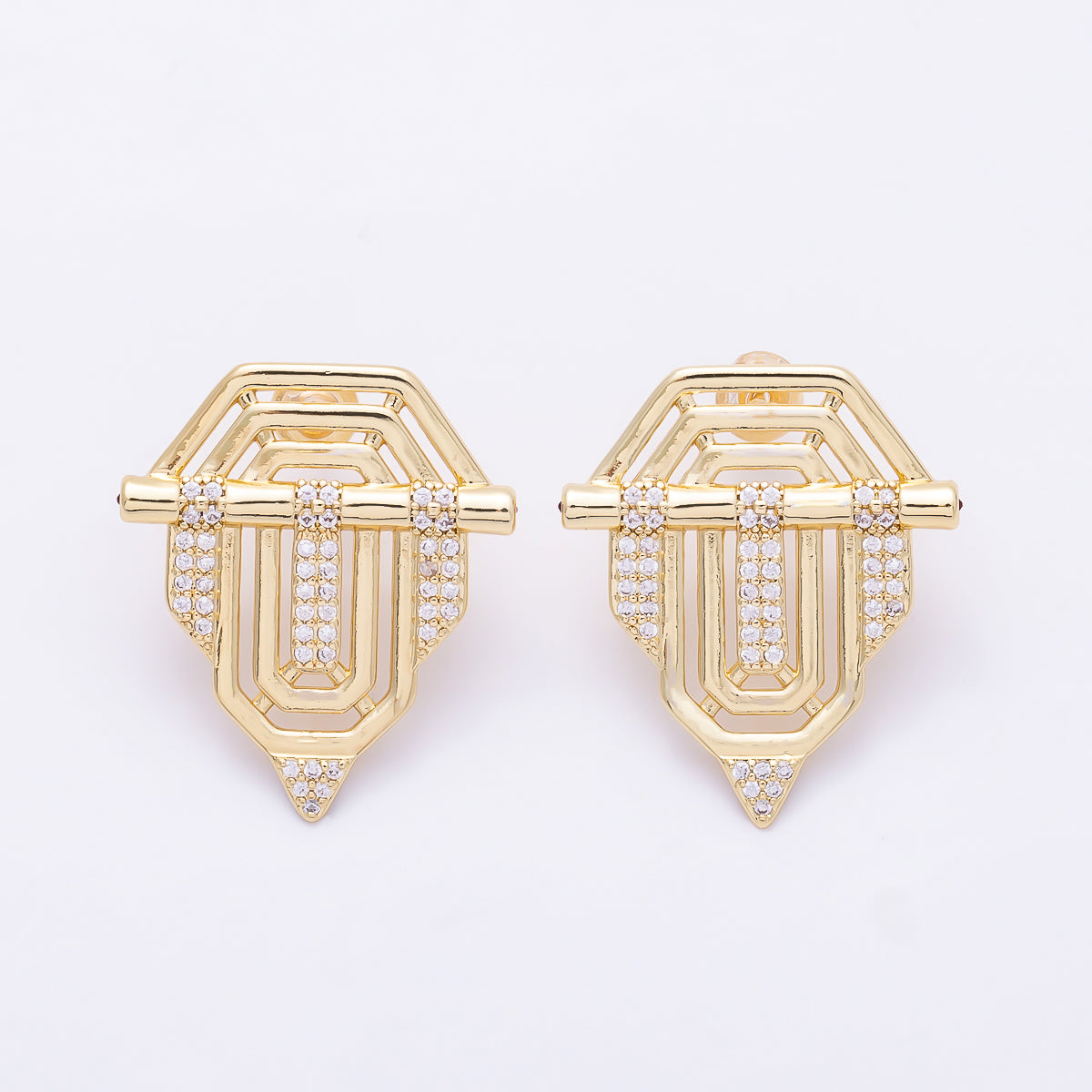 16K Gold Filled 27mm Clear Micro Paved CZ Art Deco Geometric Layered Drop Stud Earrings | Earrings-00851