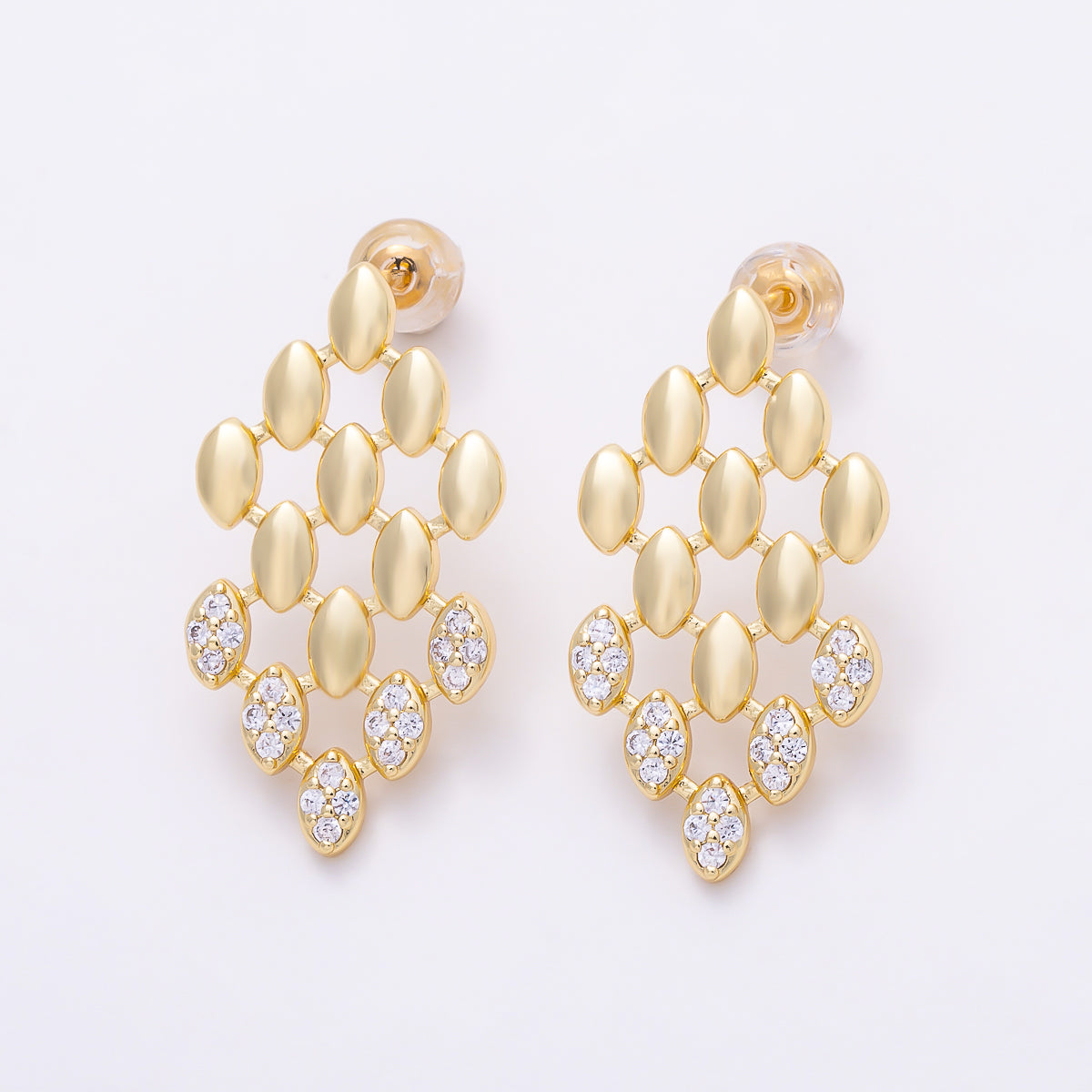 16K Gold Filled 27mm Half Micro Paved CZ Marquise Lattice Drop Stud Earrings in Gold & Silver | Earrings-00852 - Earrings-00853