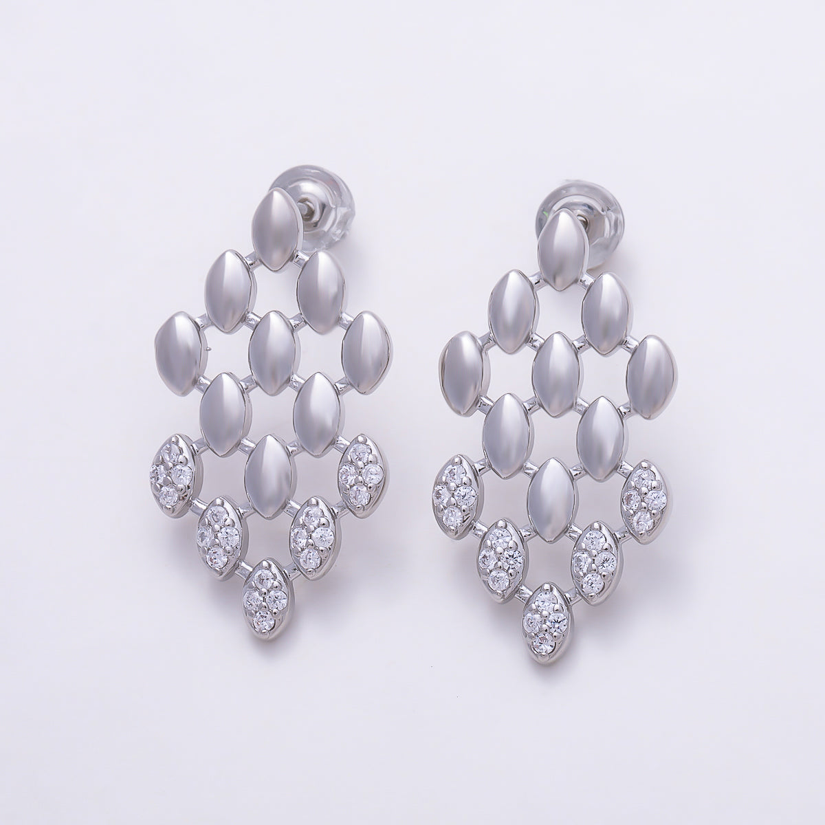 16K Gold Filled 27mm Half Micro Paved CZ Marquise Lattice Drop Stud Earrings in Gold & Silver | Earrings-00852 - Earrings-00853