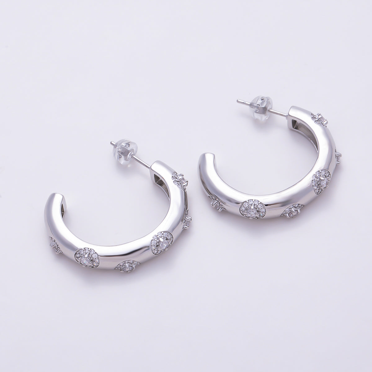 16K Gold Filled 29mm Starburst CZ Chunky Open Hoop Earrings in Gold & Silver | Earrings-00854 - Earrings-00855