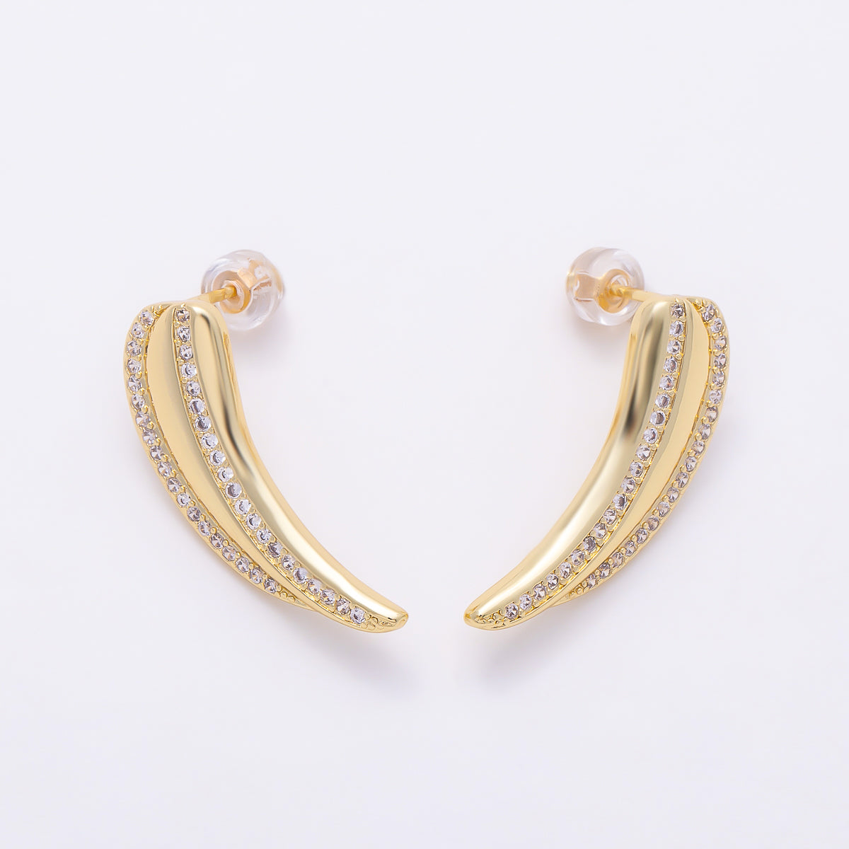16K Gold Filled 27mm Micro Paved CZ Curved Tusk Drop Stud Earrings in Gold & Silver | Earrings-00856 - Earrings-00857