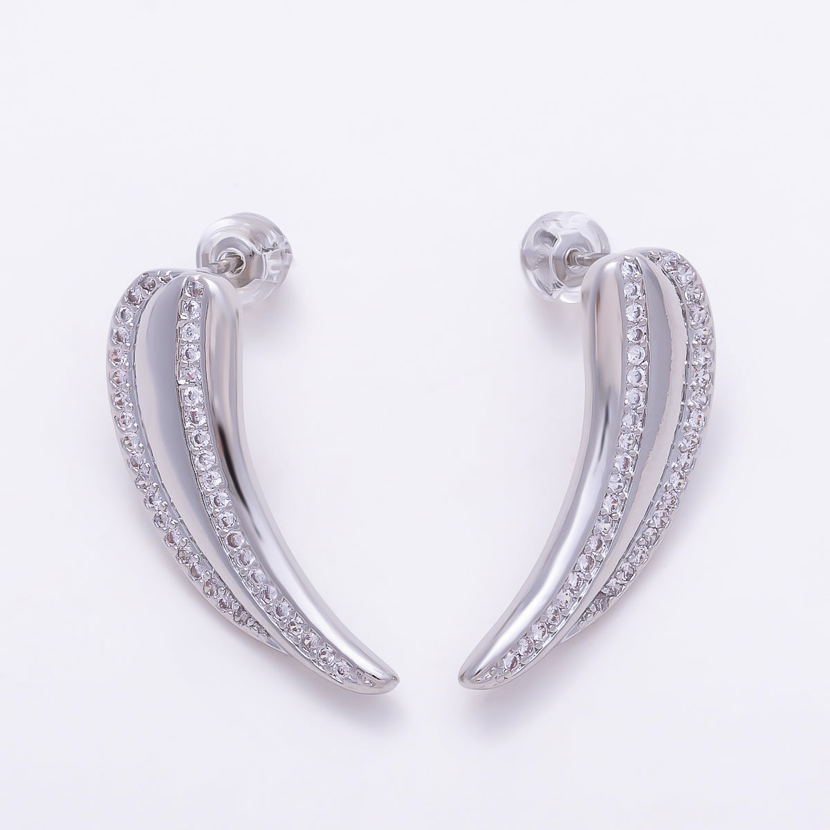 16K Gold Filled 27mm Micro Paved CZ Curved Tusk Drop Stud Earrings in Gold & Silver | Earrings-00856 - Earrings-00857