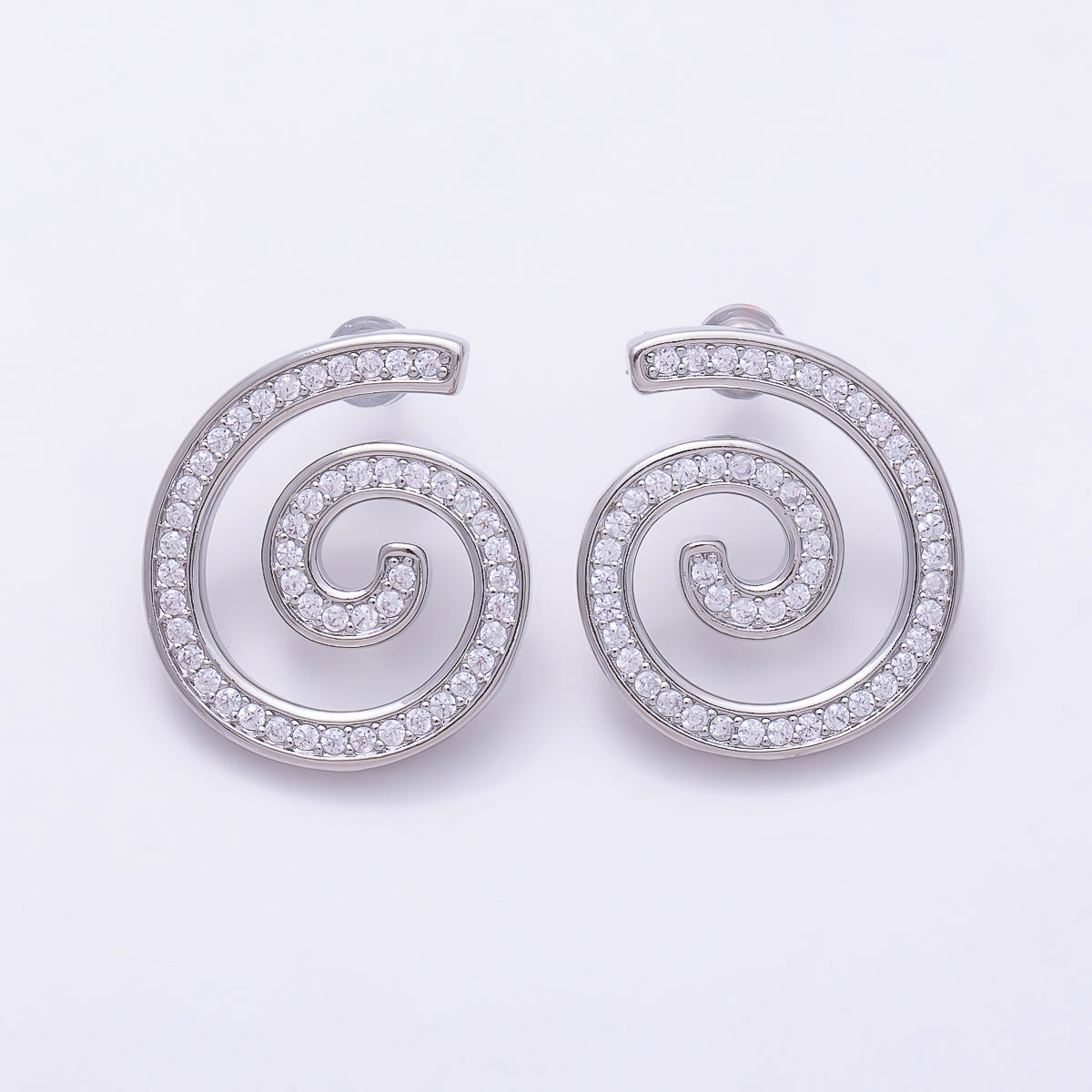 16K Gold Filled 24mm Micro Paved CZ Spiral Swirl Open Stud Earrings in Gold & Silver | Earrings-00858 - Earrings-00859