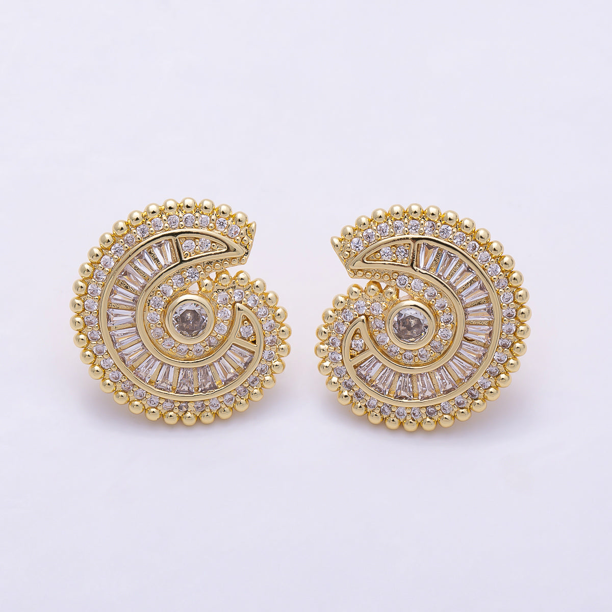 16K Gold Filled 19mm Baguette Micro Paved CZ Nautical Ocean Spiral Statement Stud Earrings in Gold & Silver | Earrings-00860 - Earrings-00861